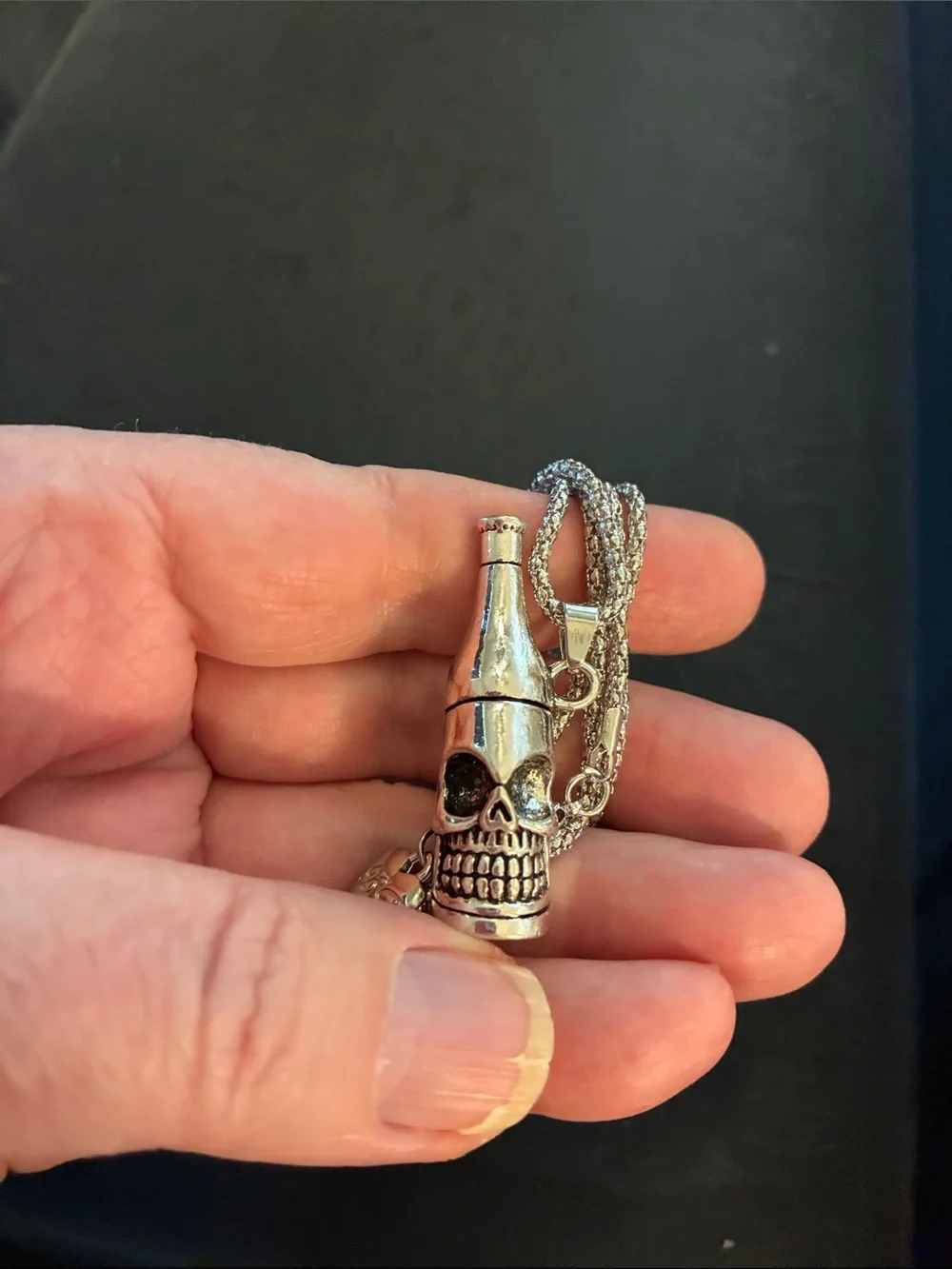 Silver Tone Skull Bottle Pendant Necklace - And Bottle Opener